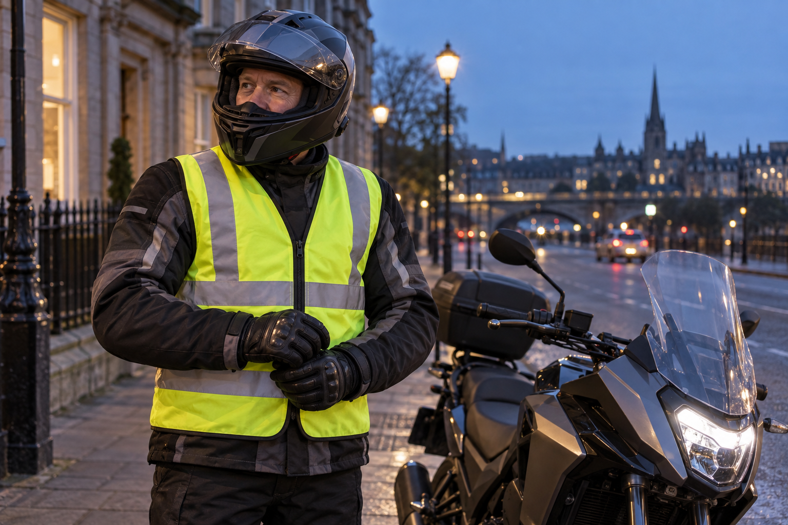 Motorcyclist wearing a yellow reflective hi-vis vest over dark motorcycle gear at dusk