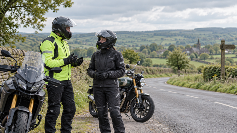 Hi-vis and dark motorcycle gear compared on a rural road