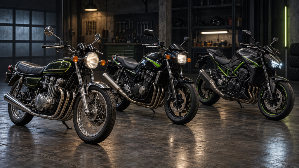 Three generations of Kawasaki Z-Series inspired naked motorcycles in a workshop