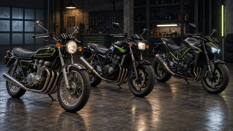 Three generations of Kawasaki Z-Series inspired naked motorcycles in a workshop
