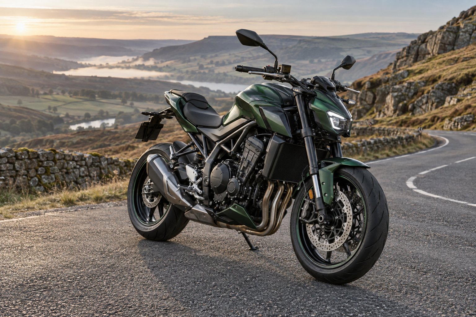 Modern Kawasaki Z-Series inspired supernaked motorcycle on a Peak District road