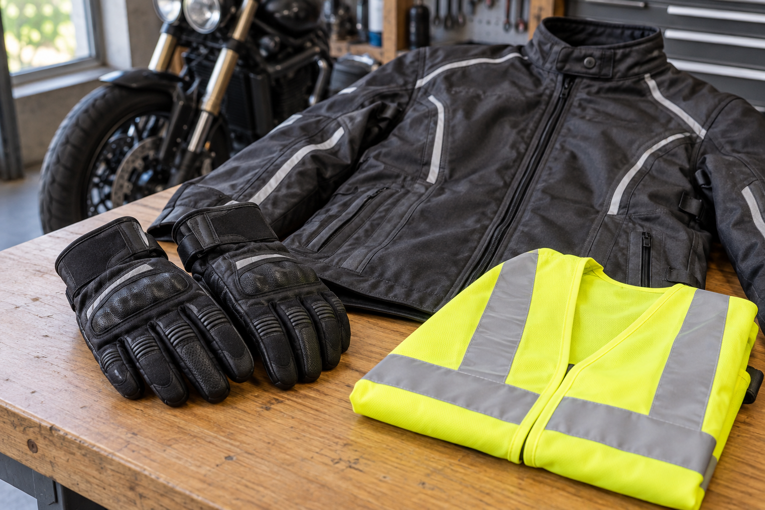 Dark motorcycle jacket and gloves with reflective details beside a folded yellow hi-vis vest